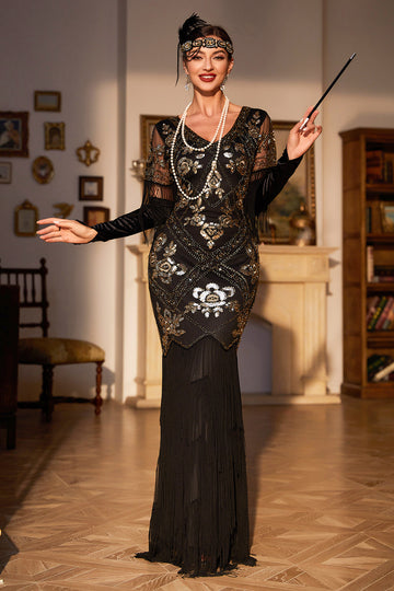 Zapaka Women Black 1920s Flapper Dress V Neck Long Sleeves Vintage Dress With Fringes